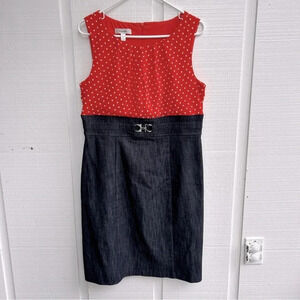 Sleeveless Chiffon Swiss Dot Dark Wash Denim Skirted Faux Belt Mini Dress